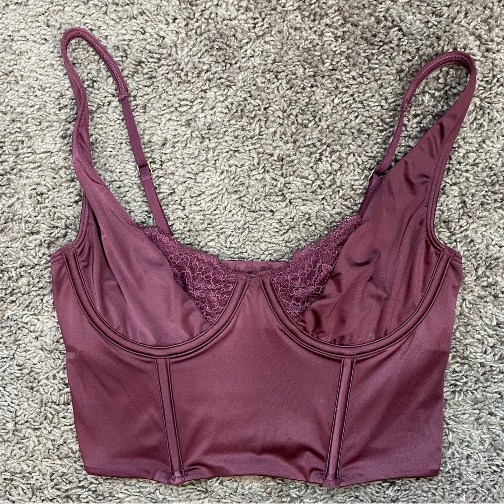 Abercrombie & Fitch Satin Corset Top Burgundy Lace Trim – Size Small